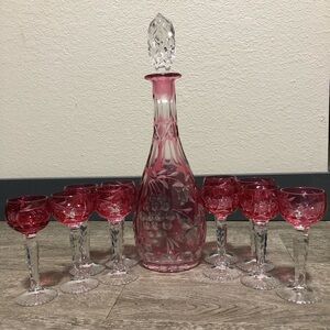 NACHTMANN TRAUBE 14.5" HEAVY CRYSTAL CRANBERRY CUT TO CLEAR DECANTER & glasses
